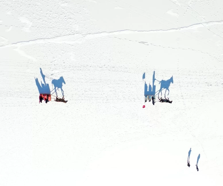 Çıldır Gölü'nün bir kısmı dondu! Buzda atlı kızaklarla safari keyfi