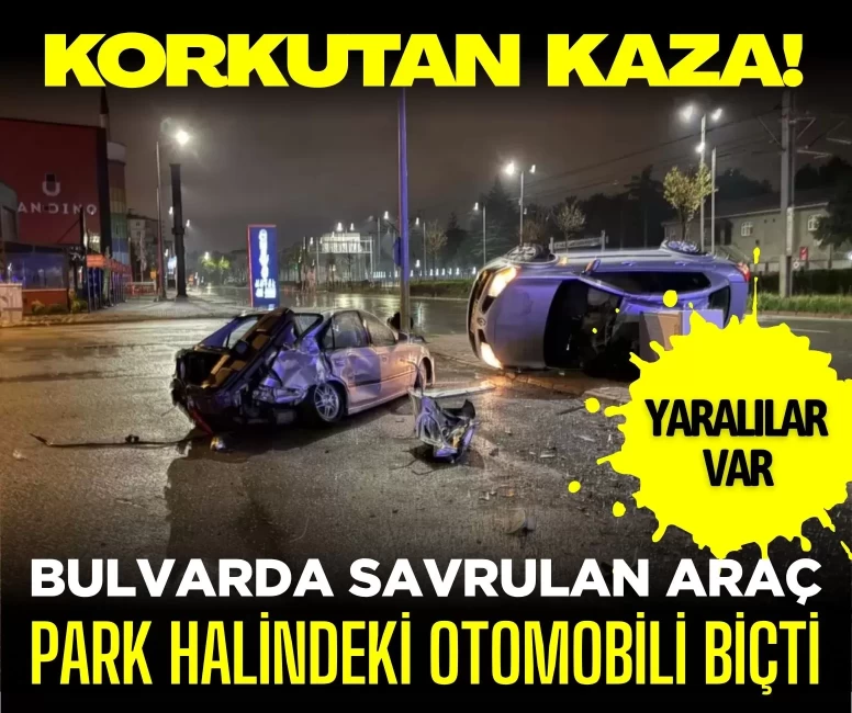 Korkutan kaza! Kontrolden çıkan otomobil park halindeki araca çarpıp yan yattı