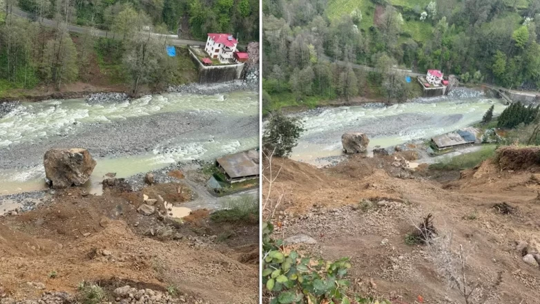 Ardeşen’de heyelan: Dev kaya dere yatağına indi