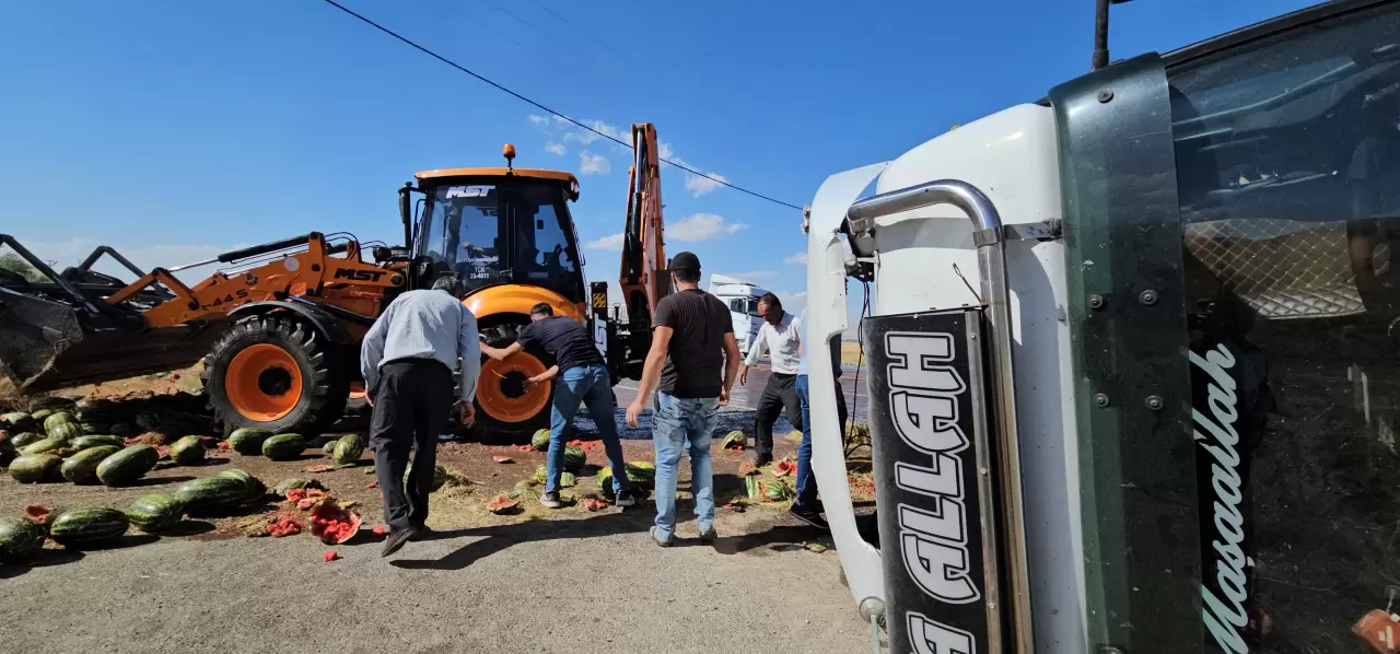 Yüklü tır devrildi! Yol bir anda karpuz tarlasına döndü 1