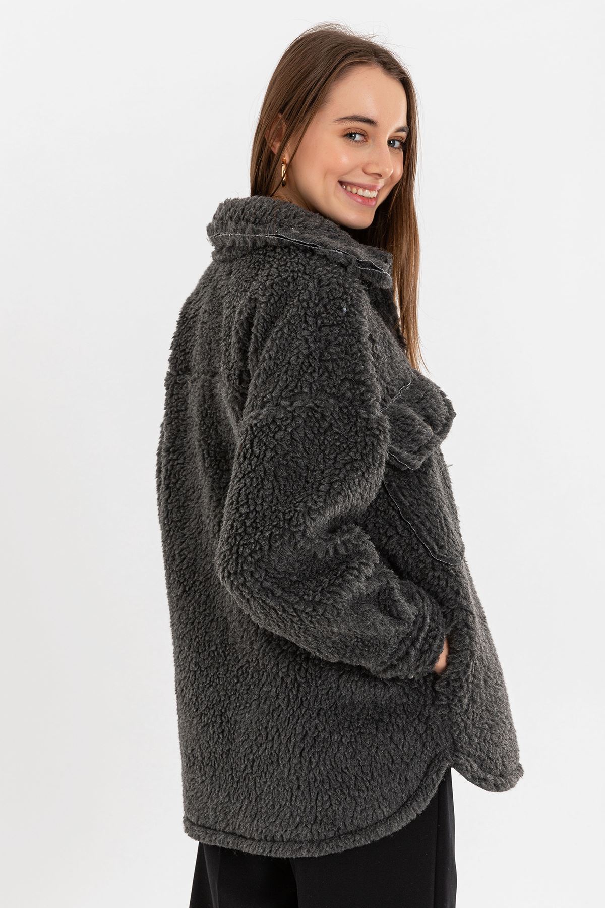 Teddy Kumaş Gömlek Yaka Kısa Boy Oversize/Salaş Kadın Kaban-Antrasit