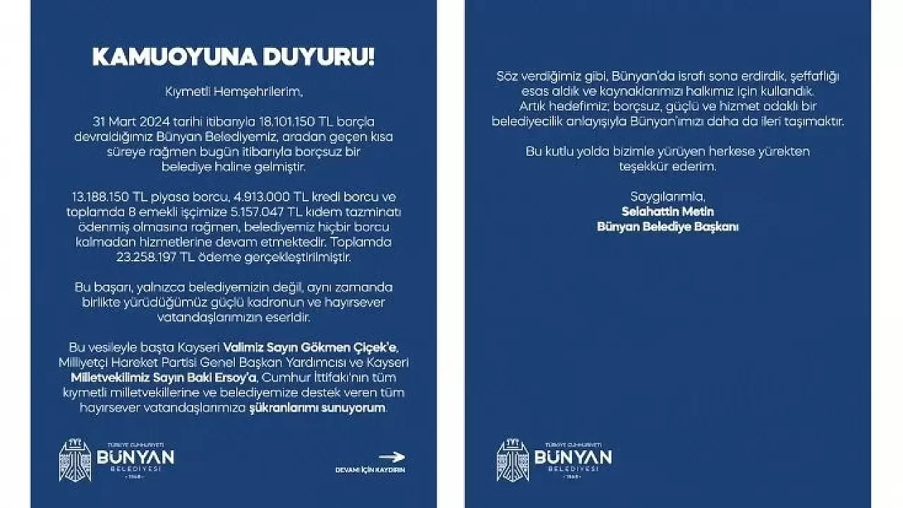 Bünyan Belediyesi'nden borç açıklaması