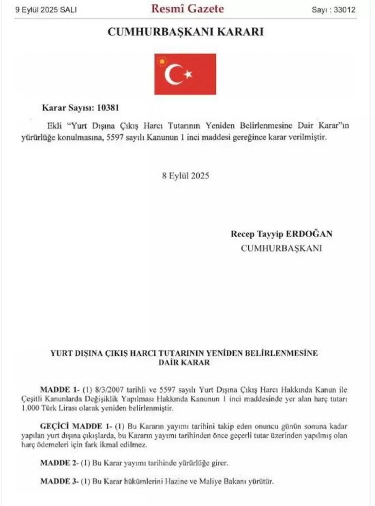 SON DAKİKA HABERİ: Resmi Gazetede yayımlandı Yurtdışına çıkış harcı arttı