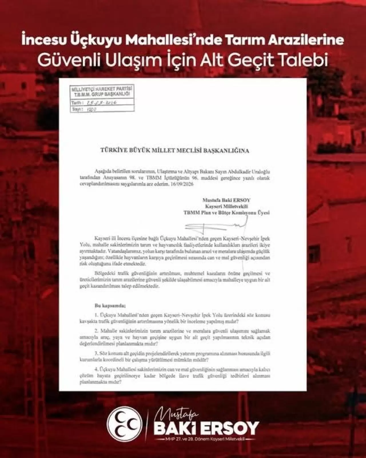MHP Kayseri Milletvekili Baki Ersoy'un Meclis'e verdiği önerge