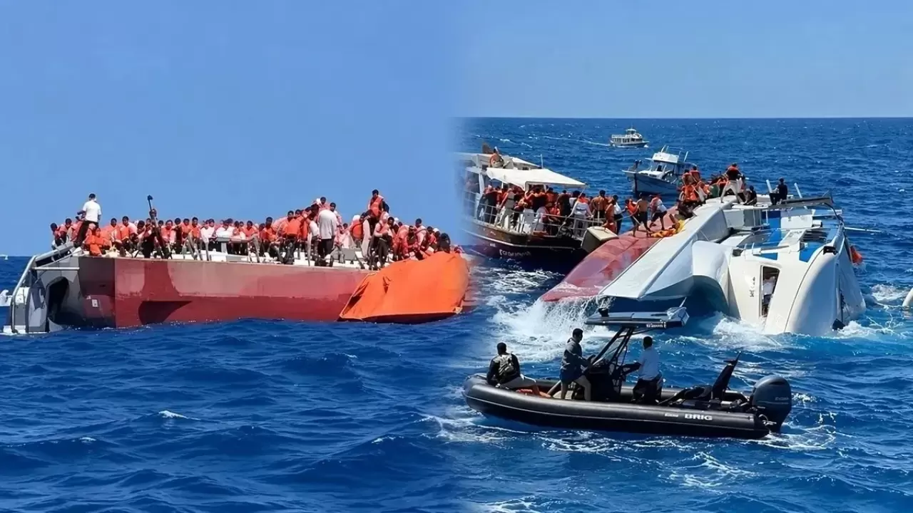 Girne'deki batan yolcu gemisindeki yolcuları denizdeki görüntüsü